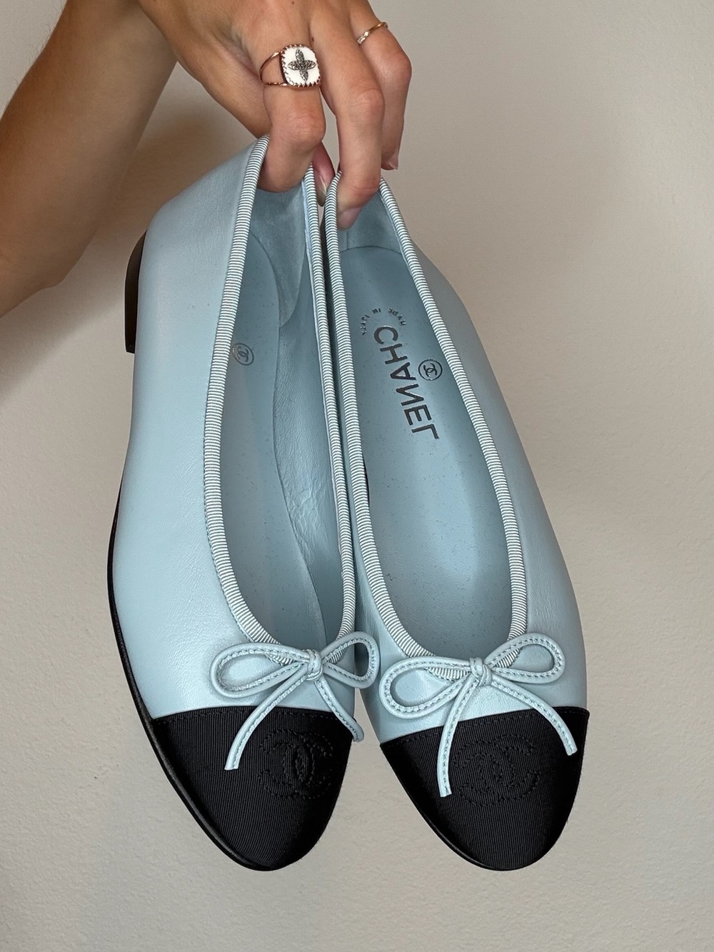 CHANEL Light Blue and Black Cap-Toe Leather Ballet Flats